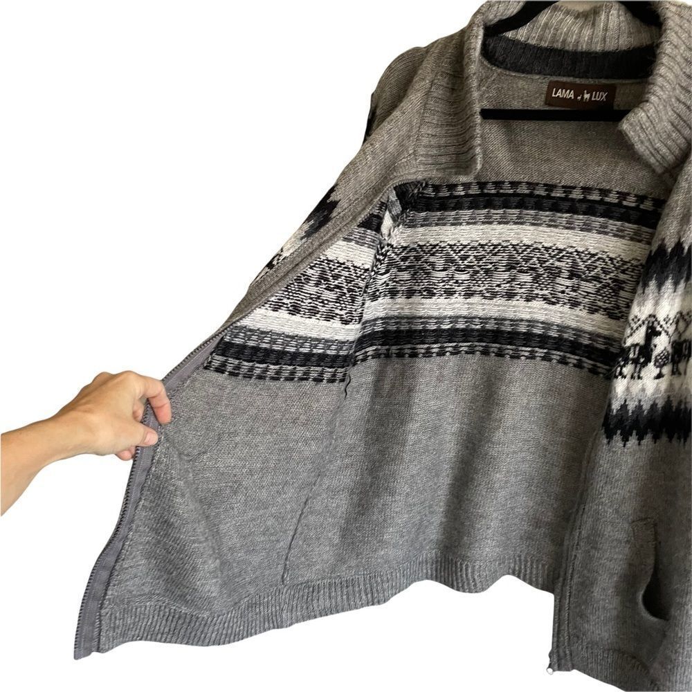 LAMA LUX Peru Wool Zip Front Knit Cardigan Sweater Jacket Gray Black White M/L - Picture 3 of 8